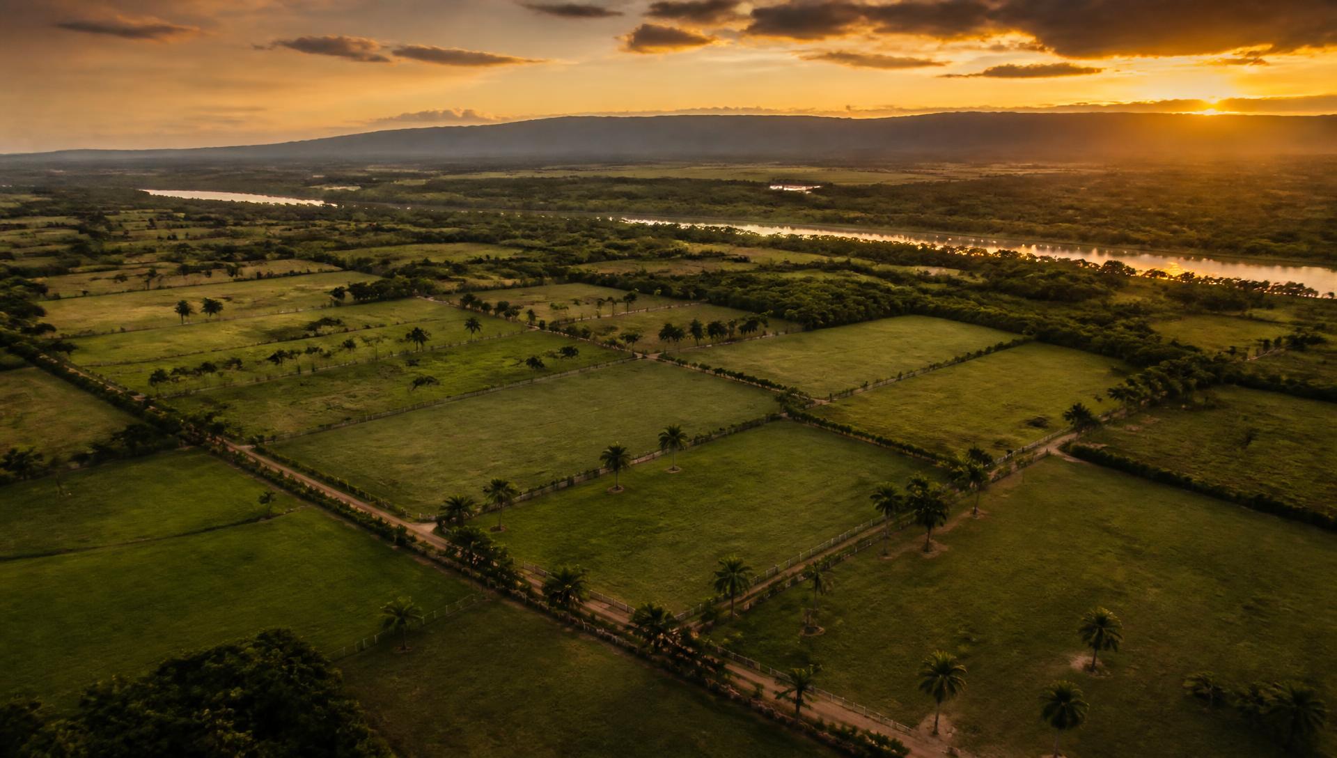 Vista aérea de lotes campestres al atardecer en el Meta